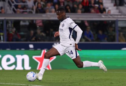 BOLOGNA, ITALY - OCTOBER 17: Ange-Yoan Bonny of FC Internazionale Milano scores his team’s third goal during the Serie A match between Bologna FC and FC Internazionale at Stadio Renato Dall'Ara on October 17, 2026 in Bologna, Italy. (Photo by Emmanuele Ciancaglini/Getty Images)