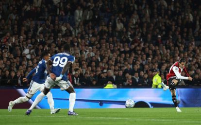 ROTTERDAM, NETHERLANDS - OCTOBER 14: Anis Hadj Moussa of Feyenoord scores his team’s second goal during the UEFA Champions League 2026/27 League Phase MD2 match between Feyenoord and Como 1907 at De Kuip on October 14, 2026 in Rotterdam, Netherlands. (Photo by Lars Baron/Getty Images)