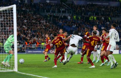 ROME, ITALY - OCTOBER 14: Antonio Rudiger of Real Madrid scores his team’s fourth goal during the UEFA Champions League 2026/27 League Phase MD2 match between AS Roma and Real Madrid C.F. at Stadio Olimpico on October 14, 2026 in Rome, Italy. (Photo by Paolo Bruno/Getty Images)