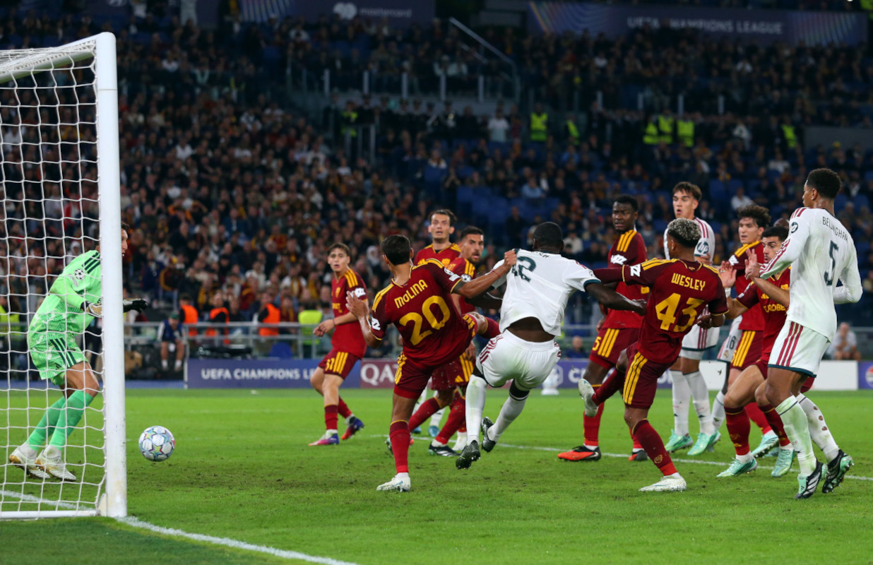 ROME, ITALY - OCTOBER 14: Antonio Rudiger of Real Madrid scores his team’s fourth goal during the UEFA Champions League 2026/27 League Phase MD2 match between AS Roma and Real Madrid C.F. at Stadio Olimpico on October 14, 2026 in Rome, Italy. (Photo by Paolo Bruno/Getty Images)