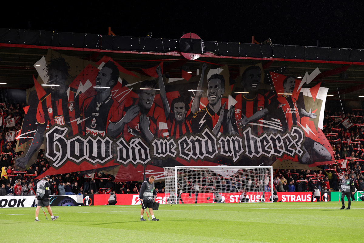BOURNEMOUTH, ENGLAND - OCTOBER 22: General view inside the stadium as fans of Bournemouth unveil a tfio before the UEFA Europa League 2026/27 League Phase MD3 match between AFC Bournemouth and AC Milan at Bournemouth Stadium on October 22, 2026 in Bournemouth, England. (Photo by Ryan Pierse/Getty Images)