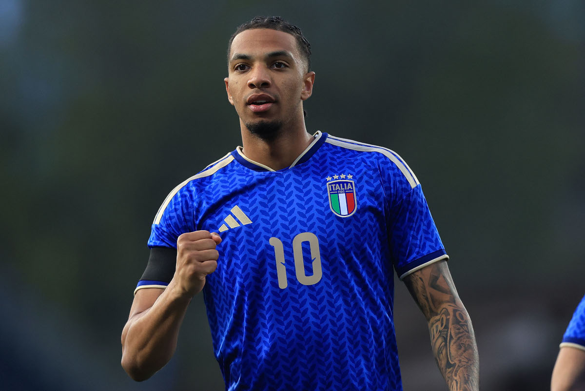 EMPOLI, ITALY - MARCH 26: Cher Ndour of Italy U21 celebrates after scoring a goal during the UEFA Under 21 EURO Qualifier match between Italy U21 and North Macedonia U21 at Stadio Carlo Castellani on March 26, 2026 in Empoli, Italy. (Photo by Gabriele Maltinti/Getty Images)
