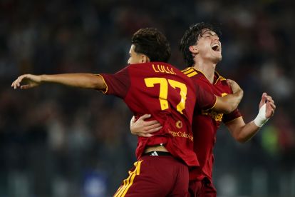 ROME, ITALY - OCTOBER 17: Emanuele Lulli of AS Roma celebrates scoring his team’s second goal with teammate Leonardo Balerdi during the Serie A match between AS Roma and Genoa CFC at Stadio Olimpico on October 17, 2026 in Rome, Italy. (Photo by Paolo Bruno/Getty Images)