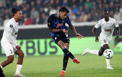 BERGAMO, ITALY - OCTOBER 15: Gianluca Scamacca of Atalanta BC scores his team’s third goal during the UEFA Conference League 2026/27 League Phase MD1 match between Atalanta BC and Pafos FC at Stadio di Bergamo on October 15, 2026 in Bergamo, Italy. (Photo by Marco Luzzani/Getty Images)