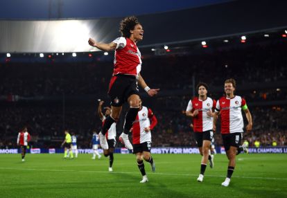 ROTTERDAM, NETHERLANDS - OCTOBER 14: Gjivai Zechiel of Feyenoord celebrates scoring his team’s first goal during the UEFA Champions League 2026/27 League Phase MD2 match between Feyenoord and Como 1907 at De Kuip on October 14, 2026 in Rotterdam, Netherlands. (Photo by Dean Mouhtaropoulos/Getty Images)