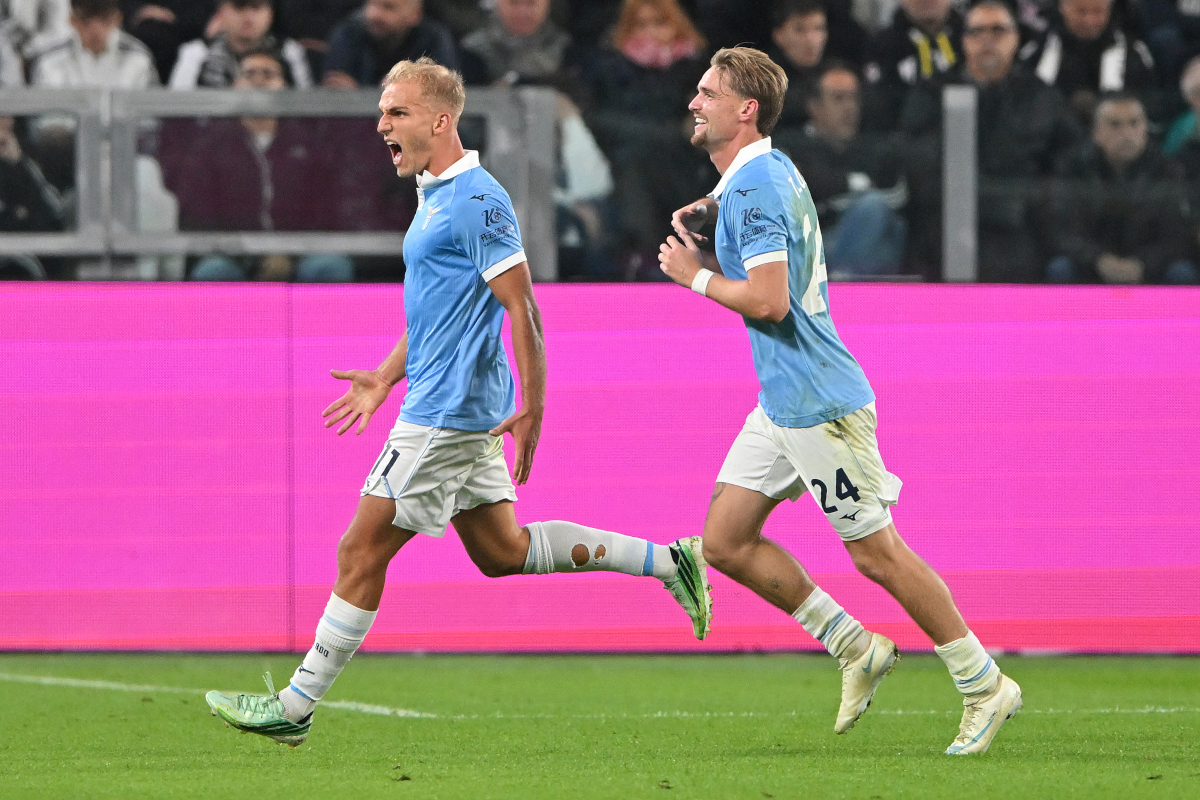 TURIN, ITALY - OCTOBER 18: Gustav Isaksen of S.S. Lazio celebrates scoring his team’s second goal with teammate Kenneth Taylor during the Serie A match between Juventus and SS Lazio at Allianz Stadium on October 18, 2026 in Turin, Italy. (Photo by Chris Ricco/Getty Images)