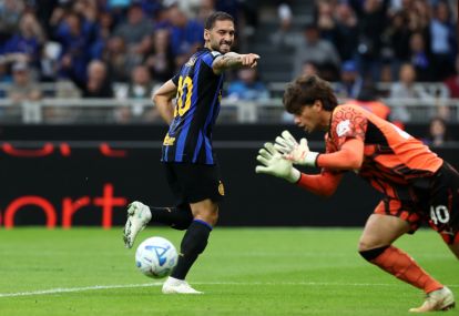 MILAN, ITALY - OCTOBER 10: Hakan Calhanoglu of FC Internazionale Milano celebrates scoring his team’s second goal from the penalty spot during the Serie A match between FC Internazionale and Parma Calcio at Stadio Giuseppe Meazza on October 10, 2026 in Milan, Italy. (Photo by Marco Luzzani/Getty Images)