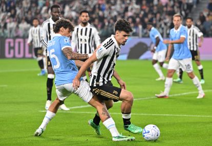 TURIN, ITALY - OCTOBER 18: Kerim Alajbegovic of Juventus is challenged by Romano Floriani of S.S. Lazio during the Serie A match between Juventus and SS Lazio at Allianz Stadium on October 18, 2026 in Turin, Italy. (Photo by Chris Ricco/Getty Images)