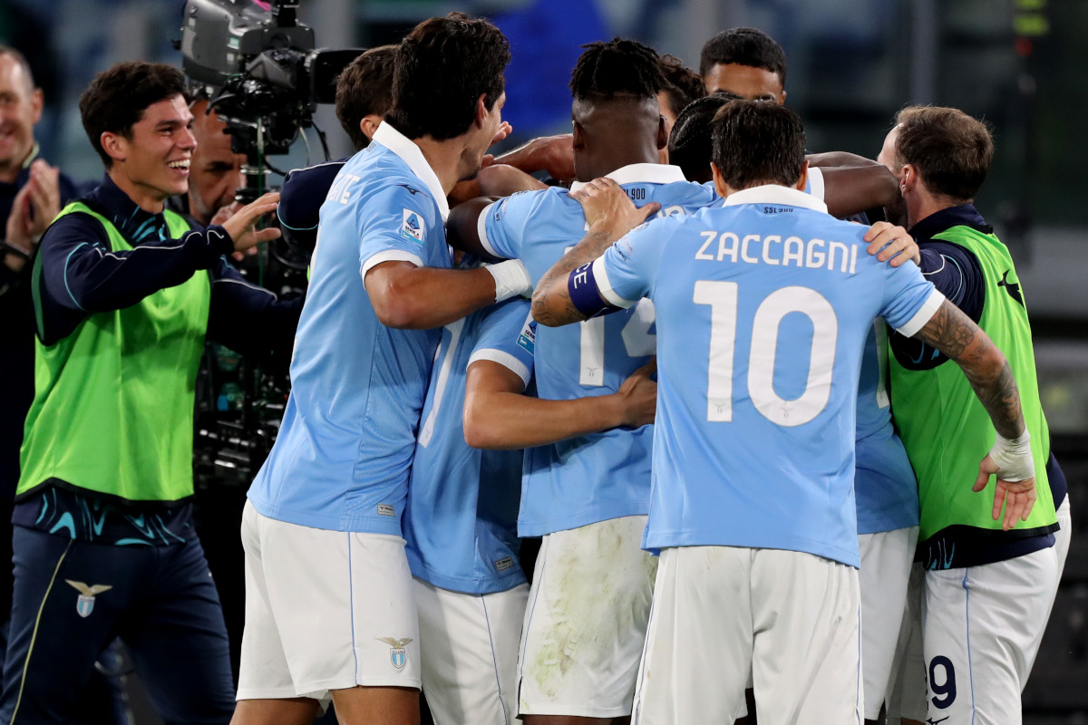 ROME, ITALY - OCTOBER 24: Kenneth Taylor with his teammates of SS Lazio celebrates afters scoring the opening goal during the Serie A match between SS Lazio and Parma Calcio at Stadio Olimpico on October 24, 2026 in Rome, Italy. (Photo by Paolo Bruno/Getty Images)