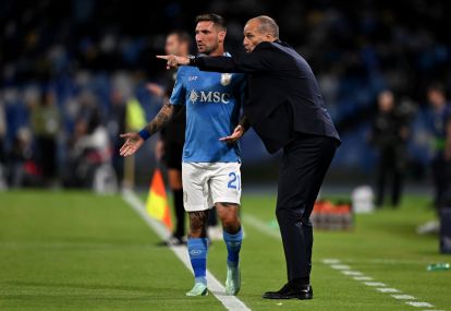 NAPLES, ITALY - OCTOBER 20: Massimiliano Allegri, Manager of SSC Napoli, talks with Matteo Politano of SSC Napoli during the UEFA Champions League 2026/27 League Phase MD3 match between SSC Napoli and FK Bodo/Glimt at Stadio Diego Armando Maradona on October 20, 2026 in Naples, Italy. (Photo by Francesco Pecoraro/Getty Images)