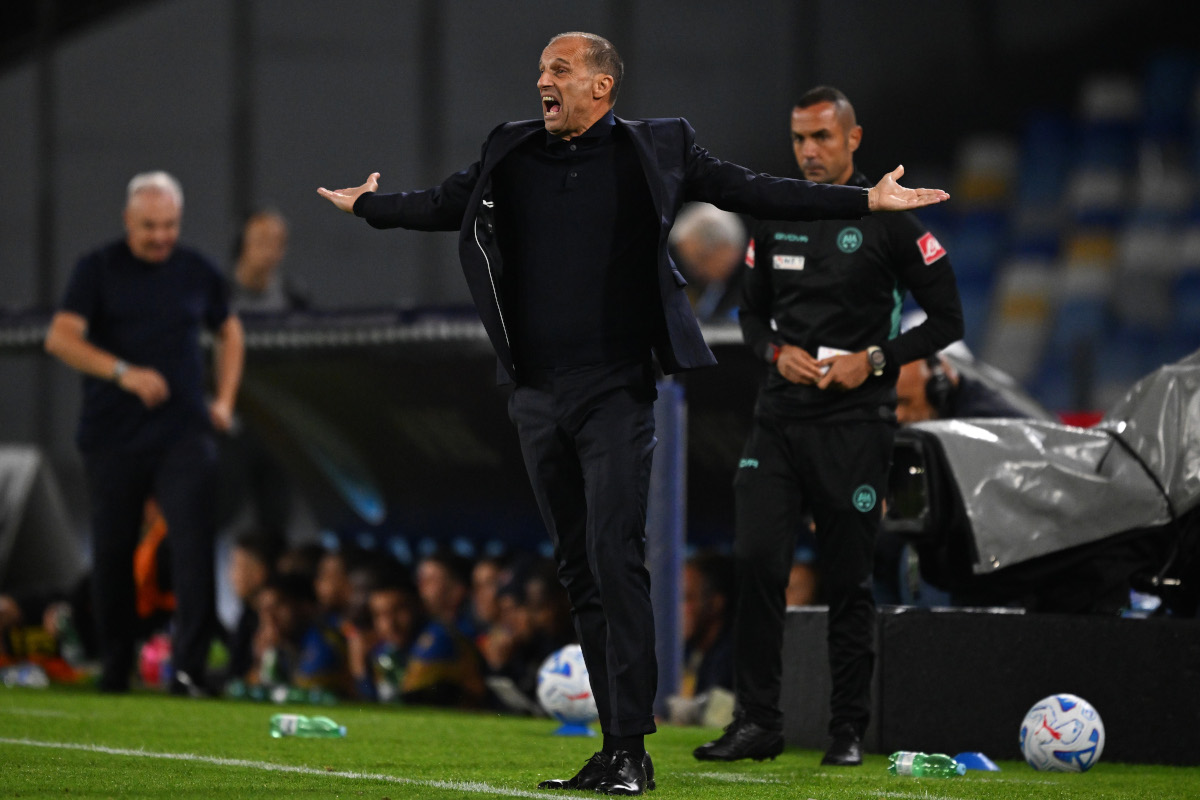 NAPLES, ITALY - OCTOBER 10: Massimiliano Allegri, Manager of SSC Napoli, gestures during the Serie A match between SSC Napoli and Frosinone Calcio at Stadio Diego Armando Maradona on October 10, 2026 in Naples, Italy. (Photo by Francesco Pecoraro/Getty Images)