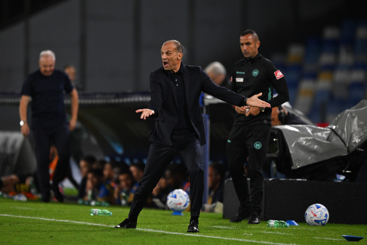 NAPLES, ITALY - OCTOBER 10: Massimiliano Allegri, Manager of SSC Napoli, gestures during the Serie A match between SSC Napoli and Frosinone Calcio at Stadio Diego Armando Maradona on October 10, 2026 in Naples, Italy. (Photo by Francesco Pecoraro/Getty Images)