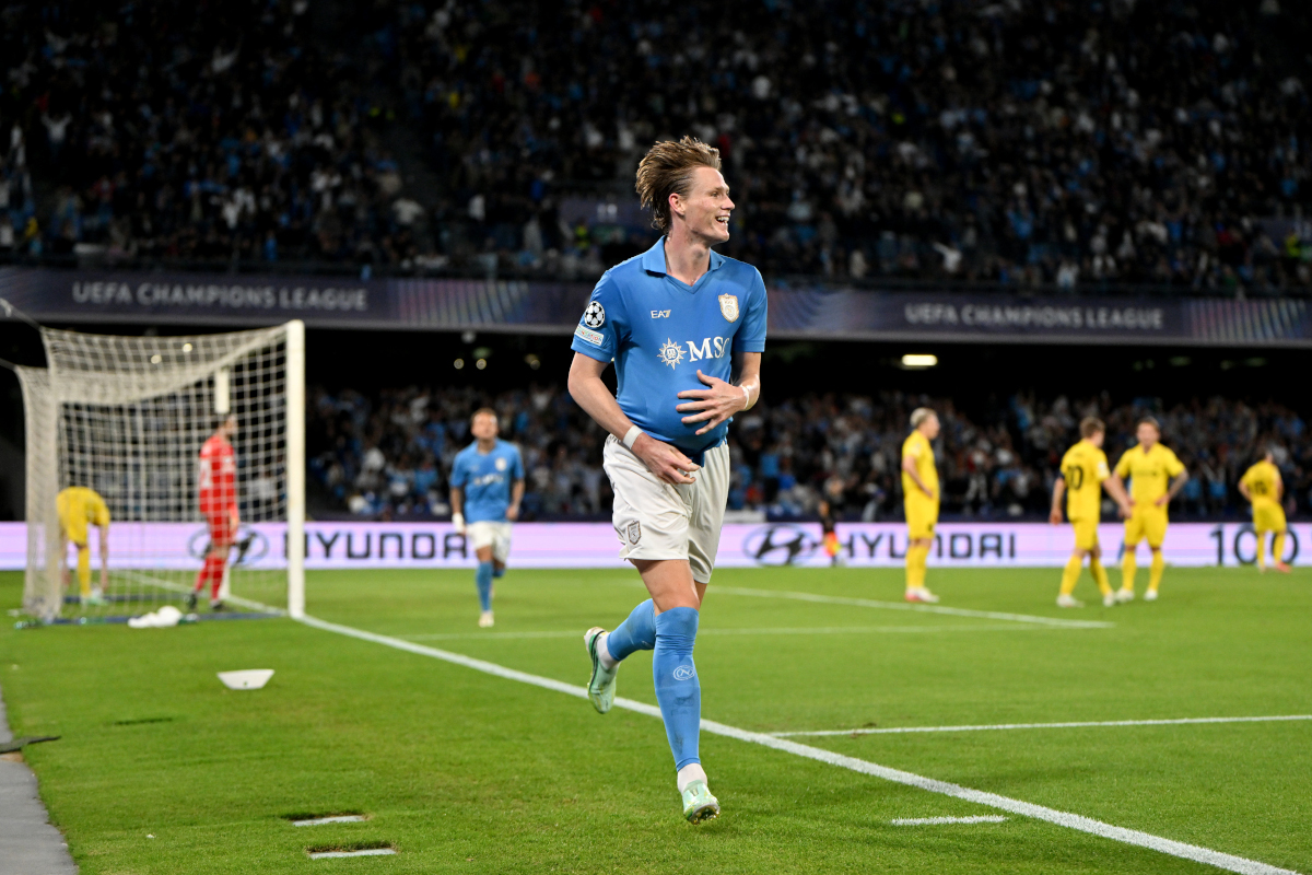 NAPLES, ITALY - OCTOBER 20: Scott McTominay of SSC Napoli celebrates scoring his team’s third goal during the UEFA Champions League 2026/27 League Phase MD3 match between SSC Napoli and FK Bodo/Glimt at Stadio Diego Armando Maradona on October 20, 2026 in Naples, Italy. (Photo by Francesco Pecoraro/Getty Images)