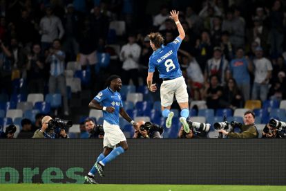 NAPLES, ITALY - OCTOBER 20: Scott McTominay of SSC Napoli celebrates scoring his team’s second goal with teammate Andre-Frank Zambo Anguissa during the UEFA Champions League 2026/27 League Phase MD3 match between SSC Napoli and FK Bodo/Glimt at Stadio Diego Armando Maradona on October 20, 2026 in Naples, Italy. (Photo by Francesco Pecoraro/Getty Images)