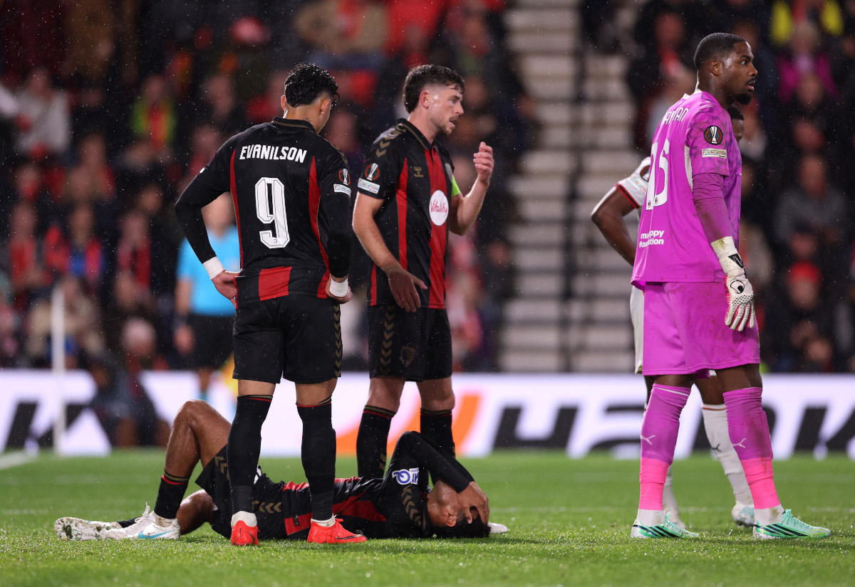 BOURNEMOUTH, ENGLAND - OCTOBER 22: Tyler Adams of Bournemouth lies on the ground after a foul by Mike Maignan of AC Milan during the UEFA Europa League 2026/27 League Phase MD3 match between AFC Bournemouth and AC Milan at Bournemouth Stadium on October 22, 2026 in Bournemouth, England. (Photo by Ryan Pierse/Getty Images)