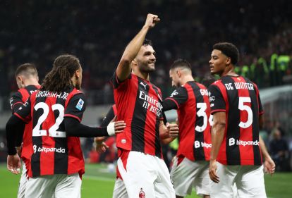 ITALY - OCTOBER 18: Goncalo Ramos of AC Milan celebrates scoring his team’s first goal with teammates during the Serie A match between AC Milan and Atalanta BC at Stadio Giuseppe Meazza on October 18, 2026 in Italy. (Photo by Marco Luzzani/Getty Images)