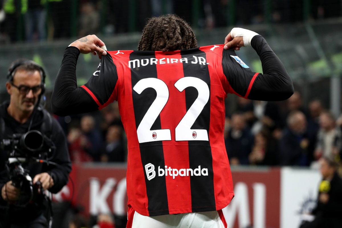 ITALY - OCTOBER 31: Diego Moreira of AC Milan celebrates scoring his team’s third goal during the Serie A match between AC Milan and FC Internazionale at Stadio Giuseppe Meazza on October 31, 2026 in Italy. (Photo by Marco Luzzani/Getty Images)