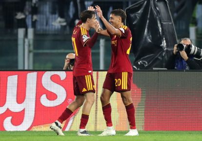 ROME, ITALY - OCTOBER 20: Nahuel Molina of AS Roma celebrates scoring his team’s second goal with Niccolo Pisilli during the UEFA Champions League 2026/27 League Phase MD3 match between AS Roma and SK Slovan Bratislava at Stadio Olimpico on October 20, 2026 in Rome, Italy. (Photo by Paolo Bruno/Getty Images)