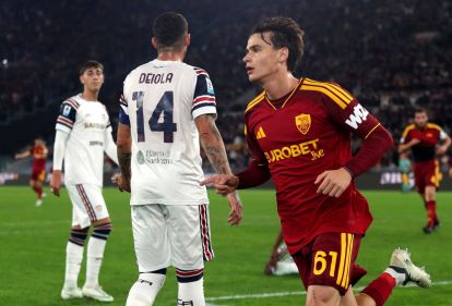 ROME, ITALY - OCTOBER 27: Niccolo Pisilli of AS Roma celebrates scoring his team’s second goal during the Serie A match between AS Roma and Cagliari Calcio at Stadio Olimpico on October 27, 2026 in Rome, Italy. (Photo by Paolo Bruno/Getty Images)