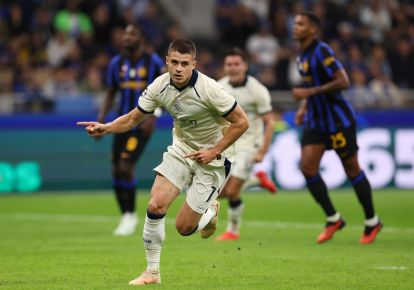 MILAN, ITALY - OCTOBER 13: Nicolo Tresoldi of Club Brugge KV celebrates scoring his team’s first goal during the UEFA Champions League 2026/27 League Phase MD2 match between FC Internazionale Milano and Club Brugge KV at Stadio San Siro on October 13, 2026 in Milan, Italy. (Photo by Claudio Villa/Getty Images)