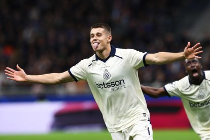 MILAN, ITALY - OCTOBER 13: Nicolo Tresoldi of Club Brugge KV celebrates scoring his team’s second goal during the UEFA Champions League 2026/27 League Phase MD2 match between FC Internazionale Milano and Club Brugge KV at Stadio San Siro on October 13, 2026 in Milan, Italy. (Photo by Marco Luzzani/Getty Images)