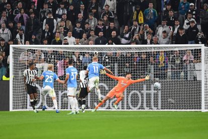 TURIN, ITALY - OCTOBER 18: Oliver Provstgaard Nielsen of SS Lazio scores the opening goal during the Serie A match between Juventus and SS Lazio at Allianz Stadium on October 18, 2026 in Turin, Italy. (Photo by Valerio Pennicino/Getty Images)