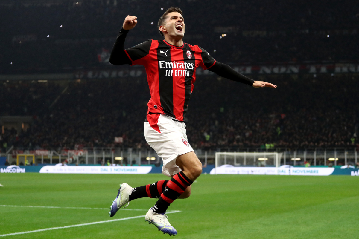 ITALY - OCTOBER 31: Christian Pulisic of AC Milan celebrates scoring his team’s first goal during the Serie A match between AC Milan and FC Internazionale at Stadio Giuseppe Meazza on October 31, 2026 in Italy. (Photo by Marco Luzzani/Getty Images)