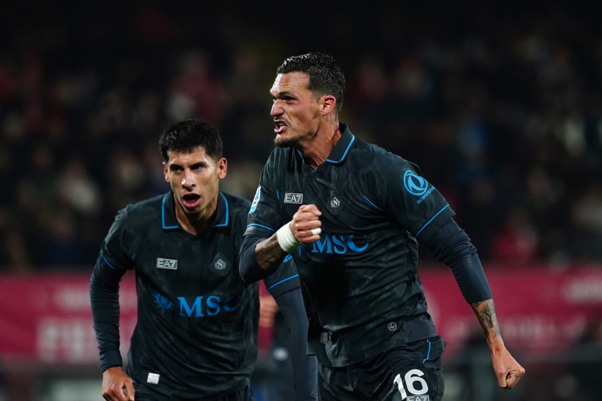 ITALY - OCTOBER 28: Rafa Marin of SSC Napoli celebrates after scoring his first goal during the Serie A match between AC Monza and SSC Napoli at U-Power Stadium on October 28, 2026 in Italy. (Photo by Pier Marco Tacca/Getty Images)