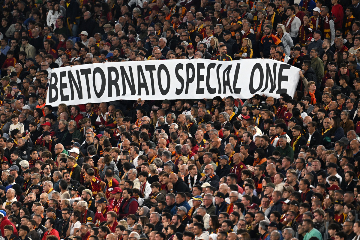 ROME, ITALY - OCTOBER 14: AS Roma fans before the UEFA Champions League 2026/27 League Phase MD2 match between AS Roma and Real Madrid C.F. at Stadio Olimpico on October 14, 2026 in Rome, Italy. (Photo by Tullio M. Puglia/Getty Images)
