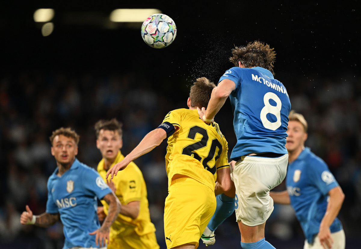 NAPLES, ITALY - OCTOBER 20: Scott McTominay of SSC Napoli scores his team’s third goal under pressure from Fredrik Sjovold of FK Bodo/Glimt during the UEFA Champions League 2026/27 League Phase MD3 match between SSC Napoli and FK Bodo/Glimt at Stadio Diego Armando Maradona on October 20, 2026 in Naples, Italy. (Photo by Francesco Pecoraro/Getty Images)