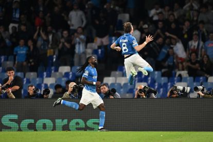 NAPLES, ITALY - OCTOBER 20: Scott McTominay of SSC Napoli celebrates scoring his team’s second goal with teammate Andre-Frank Zambo Anguissa during the UEFA Champions League 2026/27 League Phase MD3 match between SSC Napoli and FK Bodo/Glimt at Stadio Diego Armando Maradona on October 20, 2026 in Naples, Italy. (Photo by Francesco Pecoraro/Getty Images)