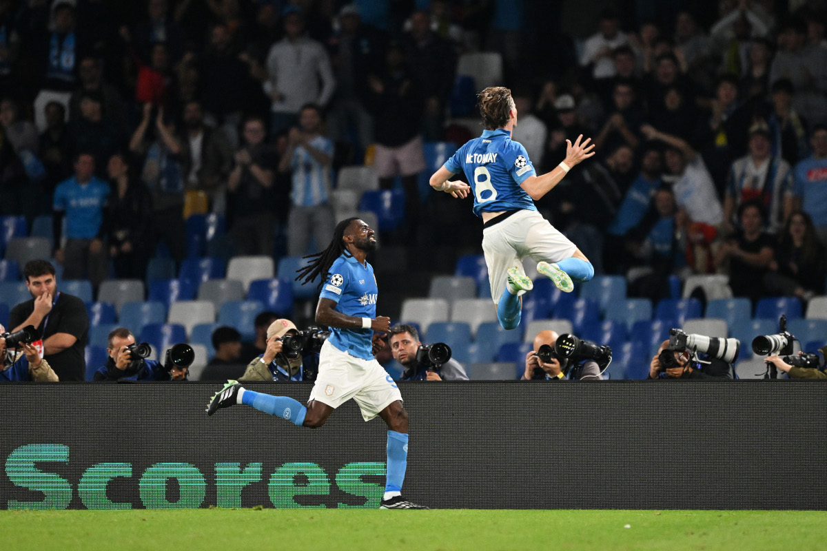 NAPLES, ITALY - OCTOBER 20: Scott McTominay of SSC Napoli celebrates scoring his team’s second goal with teammate Andre-Frank Zambo Anguissa during the UEFA Champions League 2026/27 League Phase MD3 match between SSC Napoli and FK Bodo/Glimt at Stadio Diego Armando Maradona on October 20, 2026 in Naples, Italy. (Photo by Francesco Pecoraro/Getty Images)
