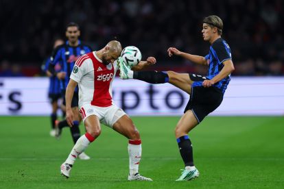 AMSTERDAM, NETHERLANDS - OCTOBER 22: Sofyan Amrabat of Ajax is challenged by Charles De Ketelaere of Atalanta BC during the UEFA Conference League 2026/27 League Phase MD2 match between AFC Ajax and Atalanta BC at Johan Cruijff Arena on October 22, 2026 in Amsterdam, Netherlands. (Photo by Dean Mouhtaropoulos/Getty Images)
