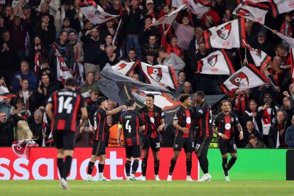 BOURNEMOUTH, ENGLAND - OCTOBER 15: Alvaro Rodriguez of Bournemouth celebrates scoring his team’s third goal with teammates during the UEFA Europa League 2026/27 League Phase MD2 match between AFC Bournemouth and SK Sturm Graz at Bournemouth Stadium on October 15, 2026 in Bournemouth, England. (Photo by Dan Mullan/Getty Images)