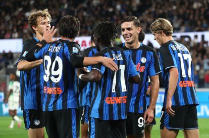 BERGAMO, ITALY - OCTOBER 12: Nikola Krstovic of Atalanta BC celebrates scoring his team’s third goal with teammates during the Serie A match between Atalanta BC and Venezia FC at Stadio Atleti Azzurri d'Italia on October 12, 2026 in Bergamo, Italy. (Photo by Marco Luzzani/Getty Images)