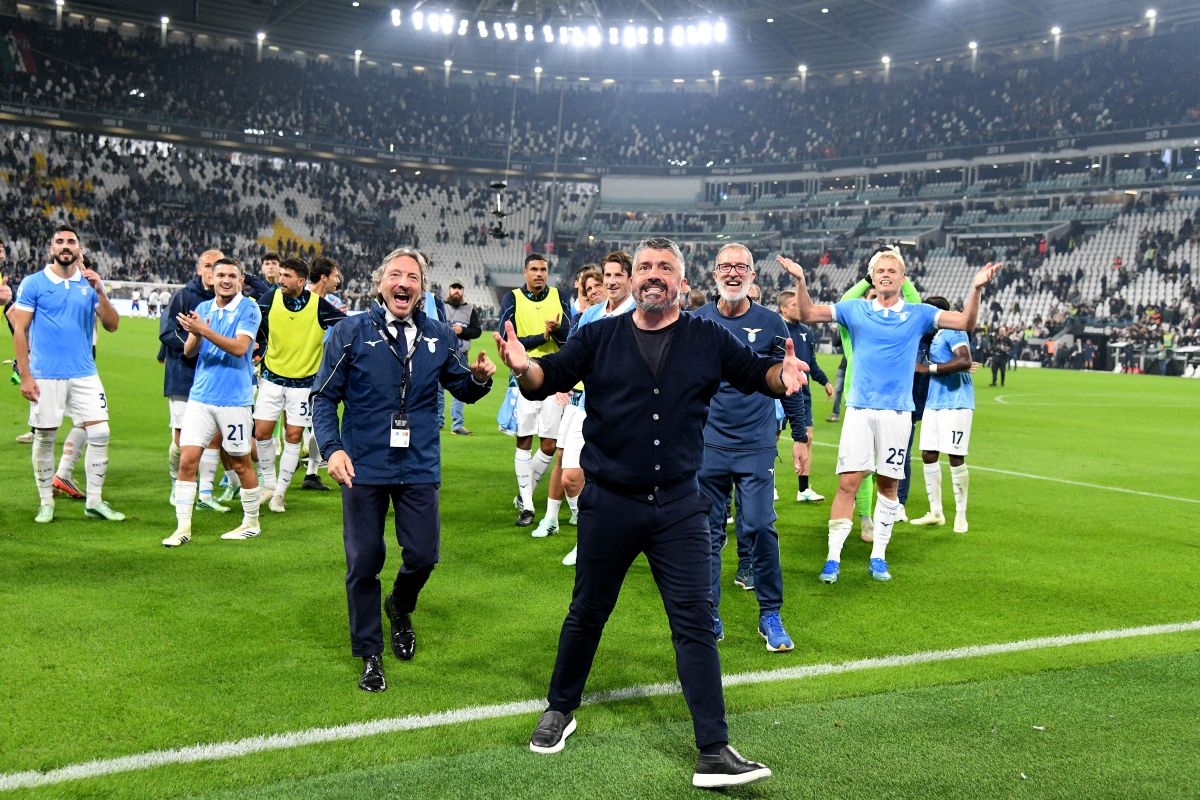 TURIN, ITALY - OCTOBER 18: SS Lazio hjead coach Gennaro Gattuso celebrates the win after the Serie A match between Juventus and SS Lazio at on October 18, 2026 in Turin, Italy. (Photo by Marco Rosi - SS Lazio/Getty Images)